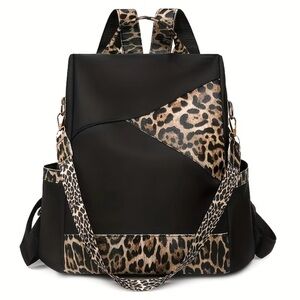 Black and Leopard Print Nylon Backpack Back Entrance with Shoulder Strap NWT